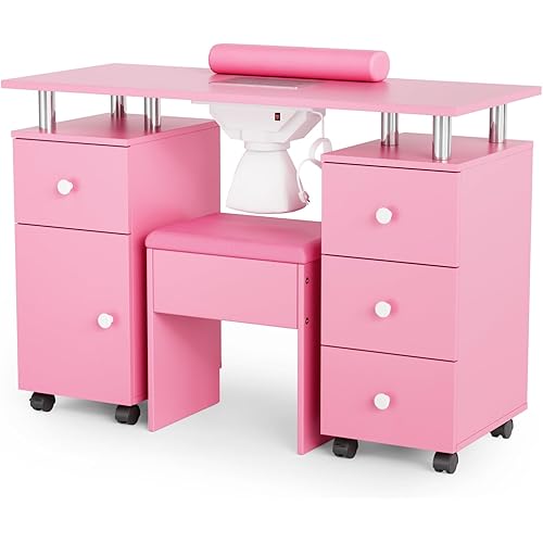 OmySalon Nail Desk and Chair Set, Manicure Table with Dust Collector, Arm Rest, 8 Wheels, Acetone Resistant Desktop, Drawers & Cabinet Storage for Makeup Beauty Salon (Pink)