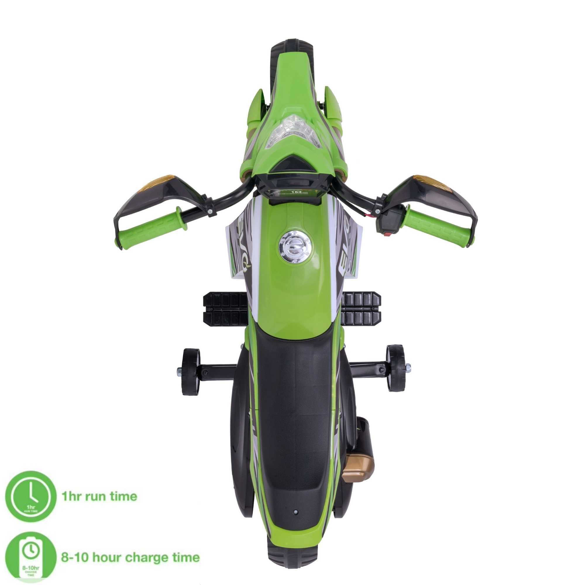 EVO Bicicletta elettrica da rally, 6 V, alimentata a batteria, fari, poggiapiedi, stabilizzatori rimovibili, veicolo da equitazione per bambini dai 3 anni in su