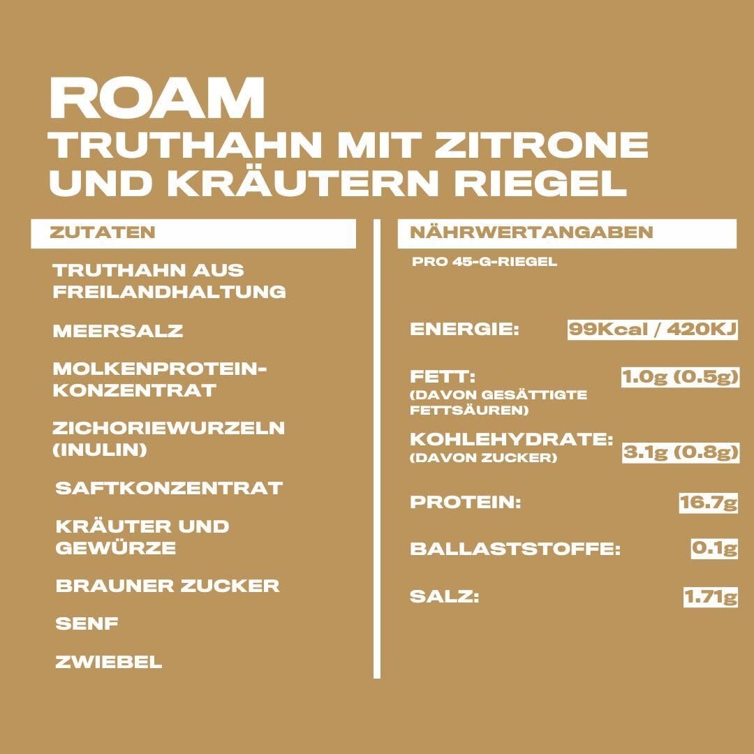 Roam Natürliche Protein Riegel, 12x45 Gramm FleischSnacks, ideal für die Carnivore-Diät, glutenfreie Trockenfleisch (Zitronen- und Kräuter-Putenfleisch aus Freilandhaltung, 12x45 Riegel)