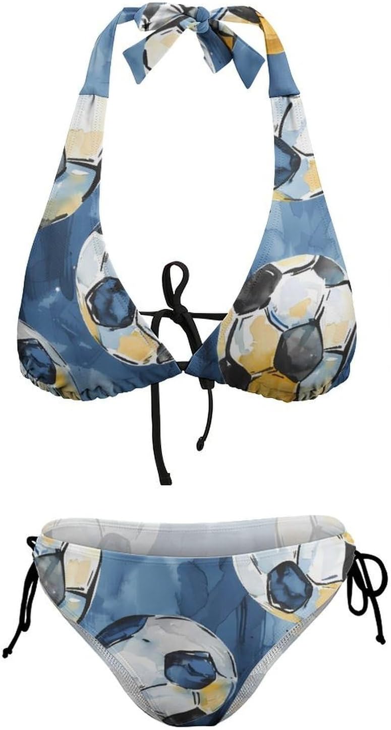 Soccer Watercolor Novelty Women's 2 Piece String Bikini Set Swimsuits Bathing Suit Swimwear
