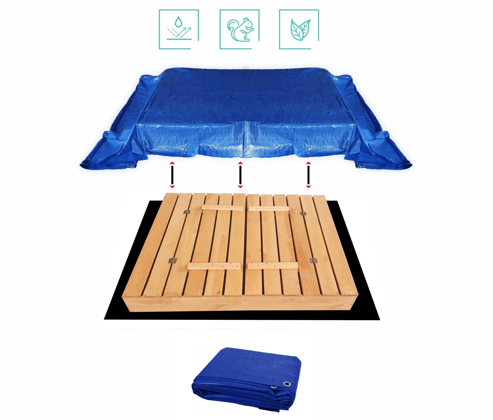 Sandkasten aus Holz mit Dach GRAU & wetterfester Tarpaulin Abdeckung - Sandkiste 120 x 120 cm. mit UV 50 Sonnenschutz & Faltbare Bank - Sandkästen rechteckig überdacht für Kinder