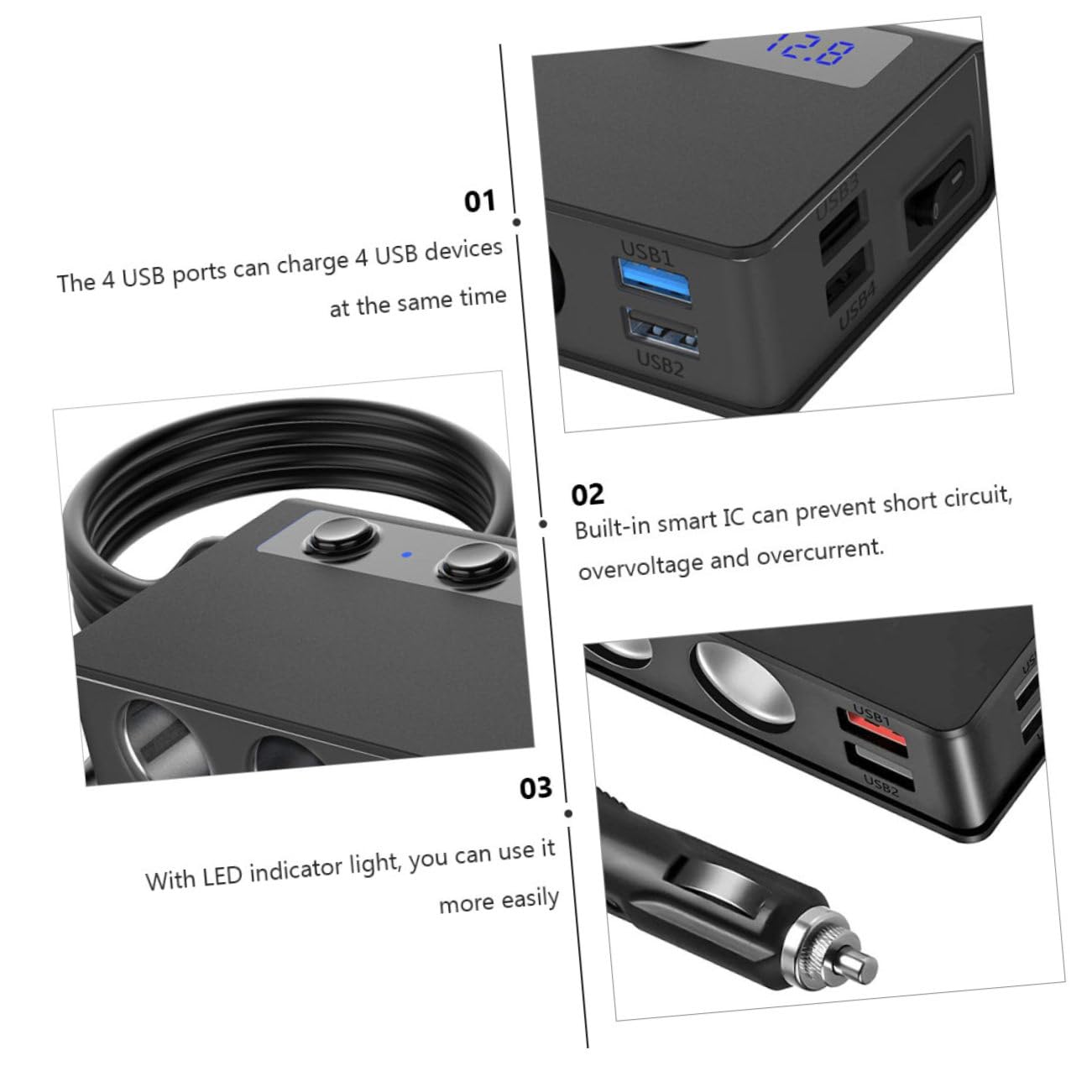 Mikinona Caricabatterie da Auto 180w Max Sdoppiatore Accendisigari 1 a 3, 4 Porte Usb Interruttore Indipendente, per Auto e Ventilatori USB