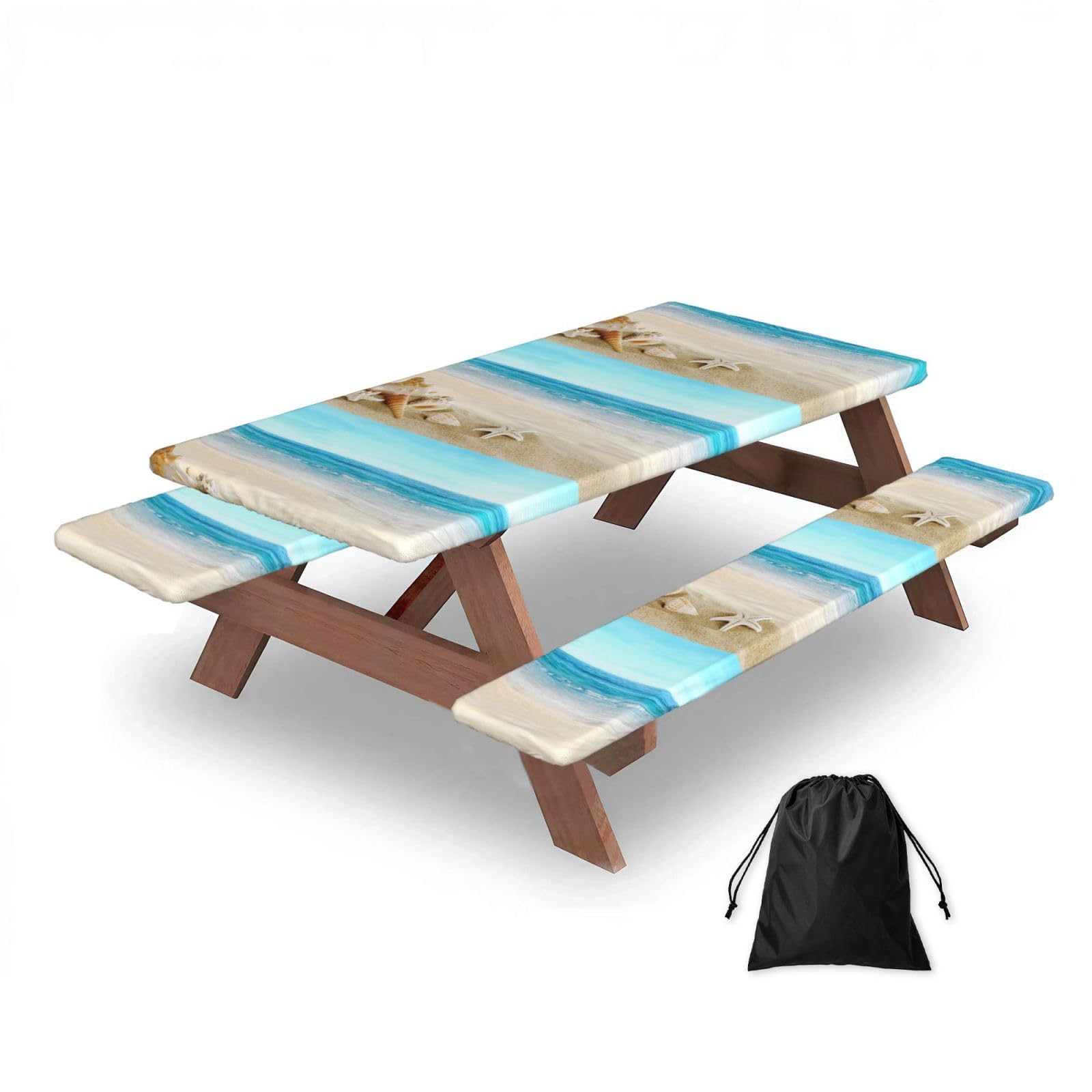 Seashells Sand, Picnic Table Cover With Bench Covers -Waterproof Elastic Fitted Tablecloth for Garden Camping Patio 76x152cm