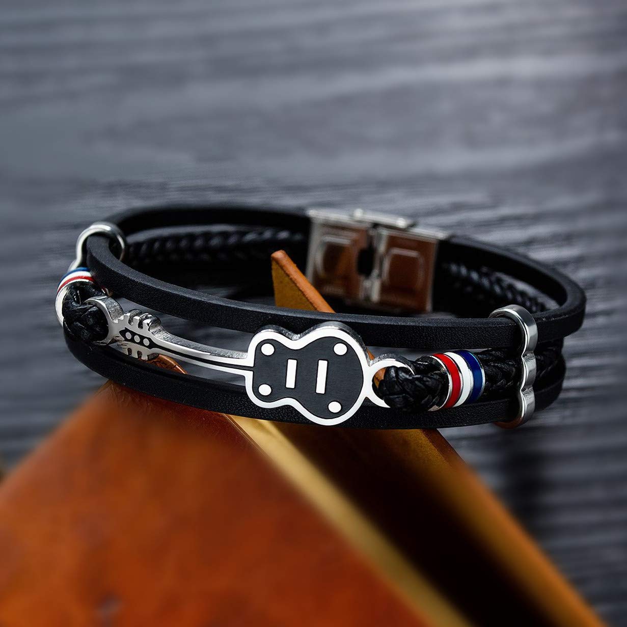 ATEIELLI Bracciale Uomo Chitarra PU Pelle Acciaio Inossidabile 'Musica Serie' 21cm o piu‘ corta JWB306