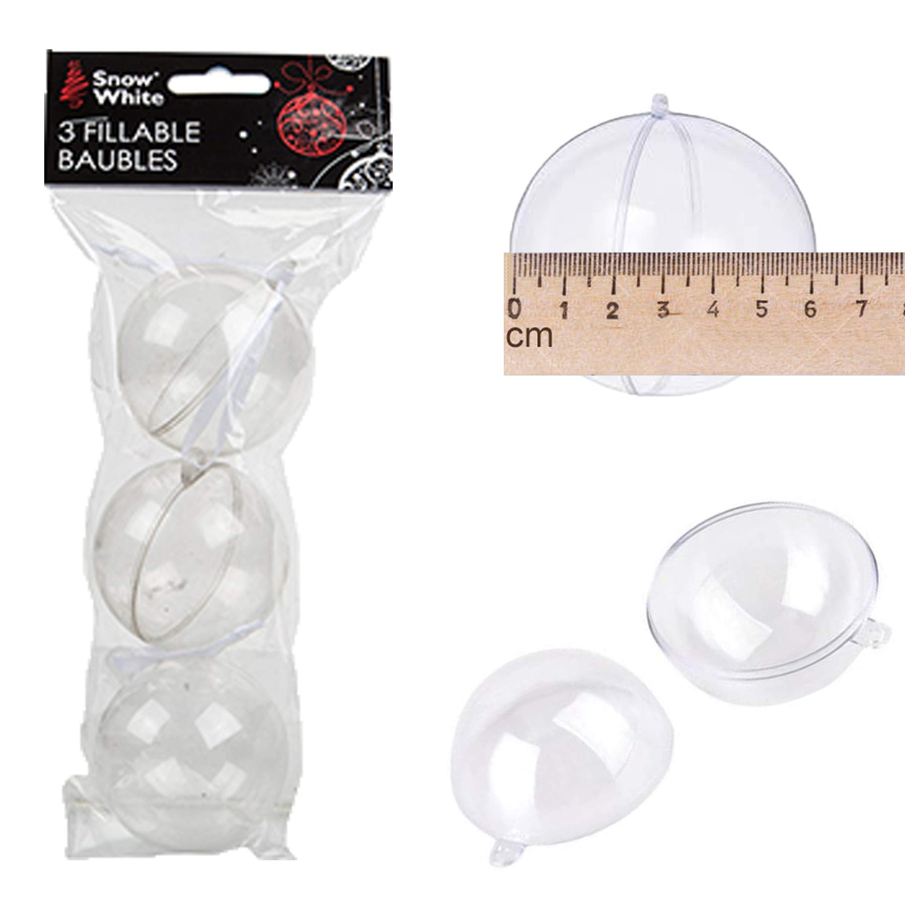 Snow White White Fillable Clear Plastic Christmas Tree Baubles With Hanging Ribbon - 3 Pack 60Mm