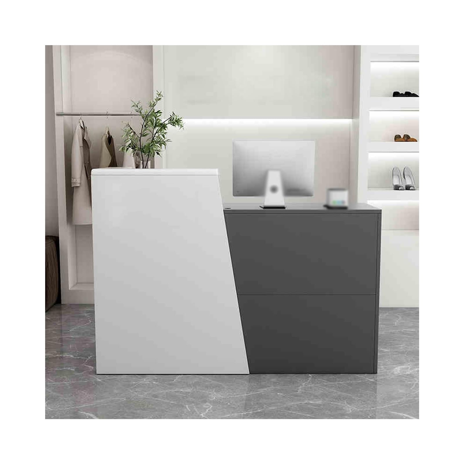 Moderno banco per ricevimenti commerciali grigio con cassetti con serratura, elegante postazione di lavoro per ufficio per saloni di bellezza, negozi al dettaglio e atrio, installazione lato sinistro