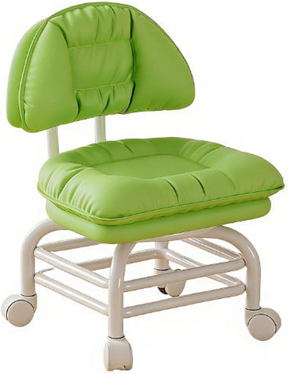 360° Swivel Rolling Stool with Padded Backrest Tri-Level Iron Frame Quiet PU Leather Green Color - Perfect for Home Office or Salon Use