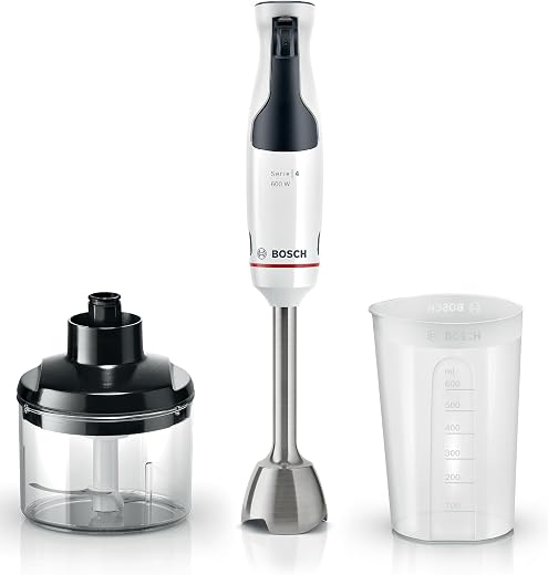Bosch ErgoMaster Serie 4, Frullatore a Immersione, Motore da 600 Watt, Regolazione Dinamica della Velocità, Sistema QuattroBlade, Accessori Inclusi, Bianco, MSM4W220