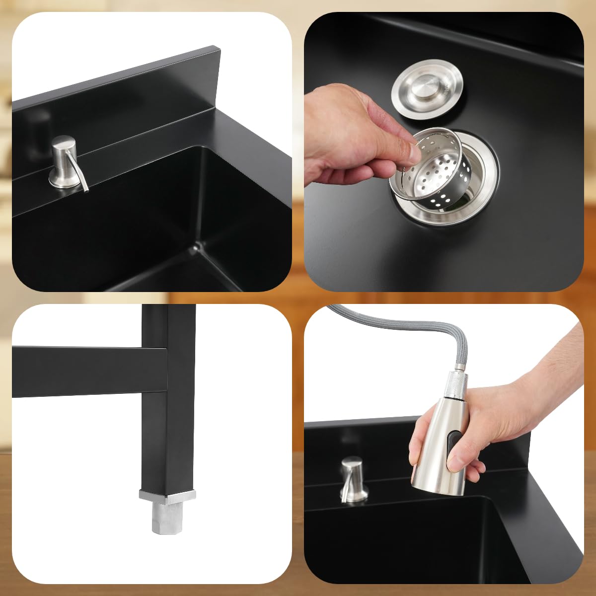 Freistehende Edelstahl-Spülbecken, Großes Einzelbecken Spültisch mit Abtropfkorb & Ausziehbare Wasserhahn, Gewerbliche Küchenspüle Spülschrank für Zuhause Waschküche (90x60x80 cm, Schwarz)