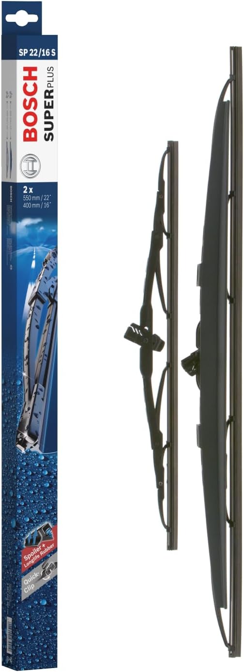 Bosch SuperPlus SP 22/16 S - Front Windscreen Wiper - Set of 2 Replacement Blades, Comes with Pre-assembled Quick-Clip Adapter - 2 Blades, 550mm/400mm - Only for right-hand drive (UK)