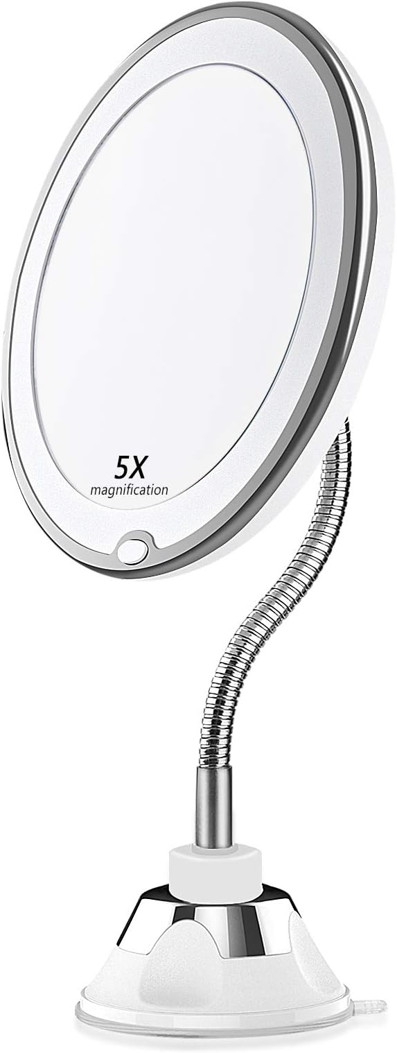 Ursulan 5X Magnifying Makeup Mirror Adjustable Flexible Gooseneck LED Light Bathroom Vanity Mirror with Glue Pad Suction Cup 360 Degree Swivel Perfect for Wall Mounted