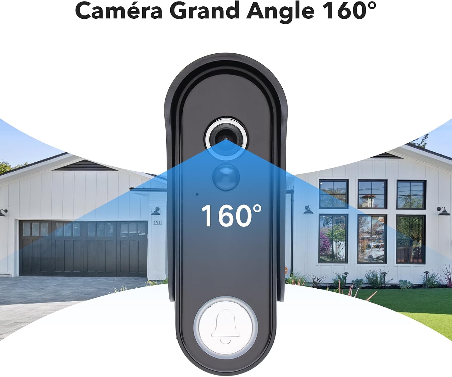Diagram showing the doorbell's 160-degree wide-angle view covering a broad area in front of a house.