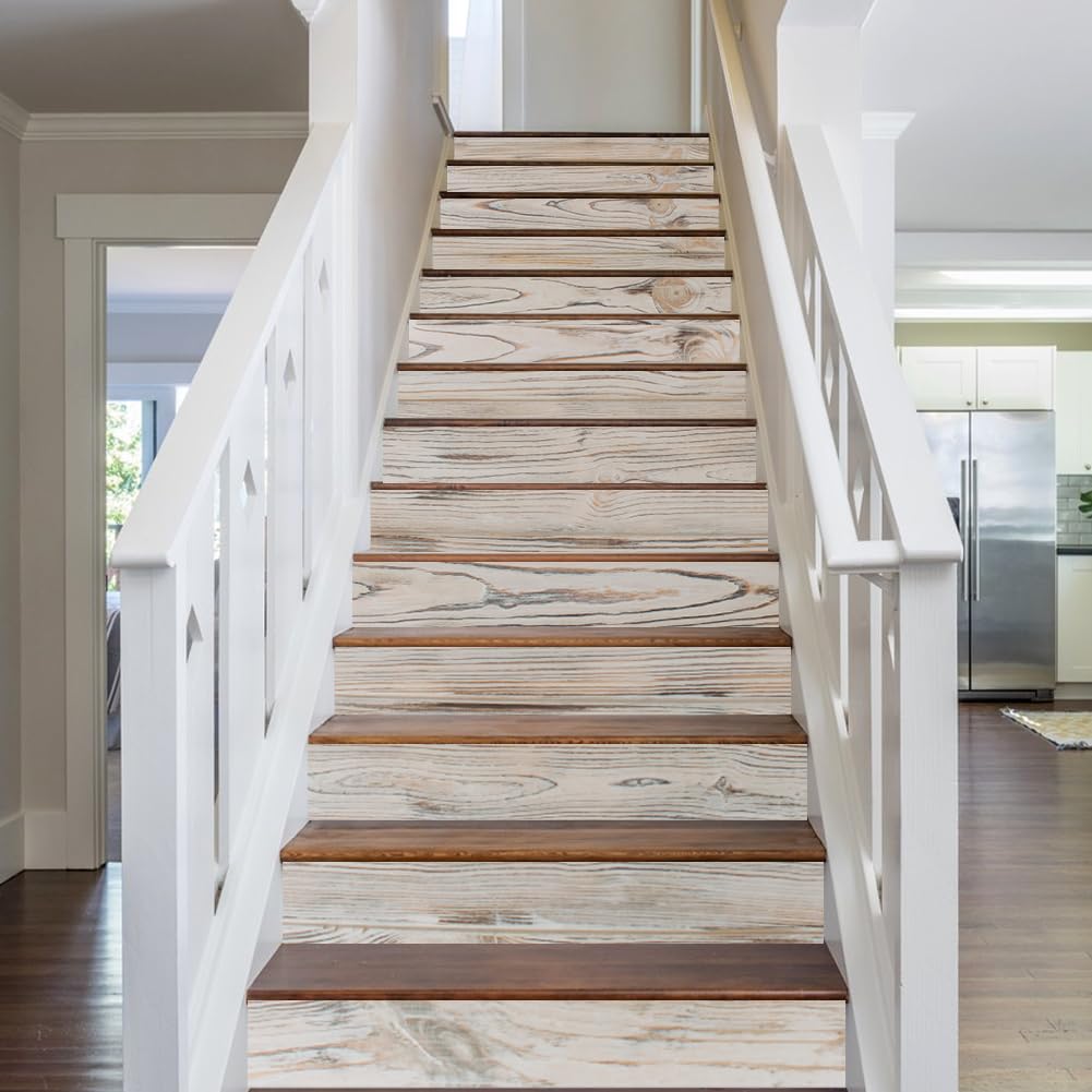 PLIGREAT 15 tiras adhesivas para escaleras con vetas de madera, extraíbles y adhesivas, 18 x 100 cm, en vinilo autoadhesivo para escaleras de madera rústica, decoración de pared para casa y hotel