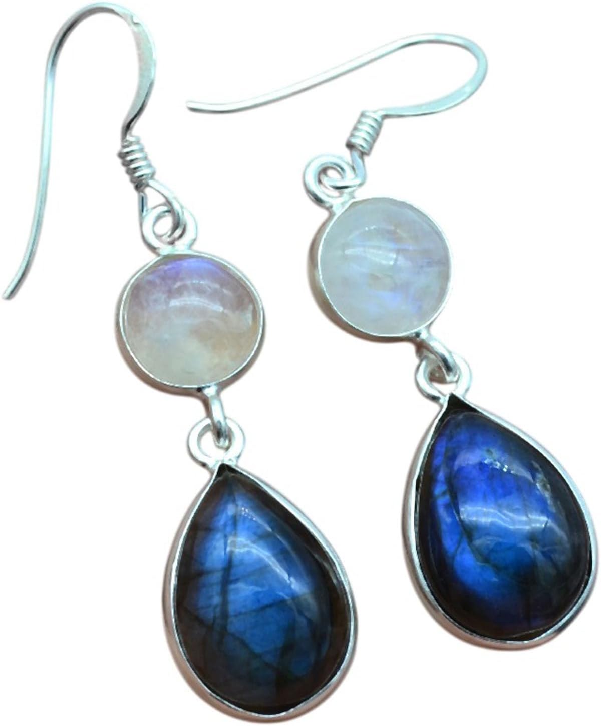 Natural Moonstone and Labradorite Drop Earrings, Sterling Silver, 1.6 Inch Length, 19.45 Carat, Blue and White Gemstones | Gift for Her