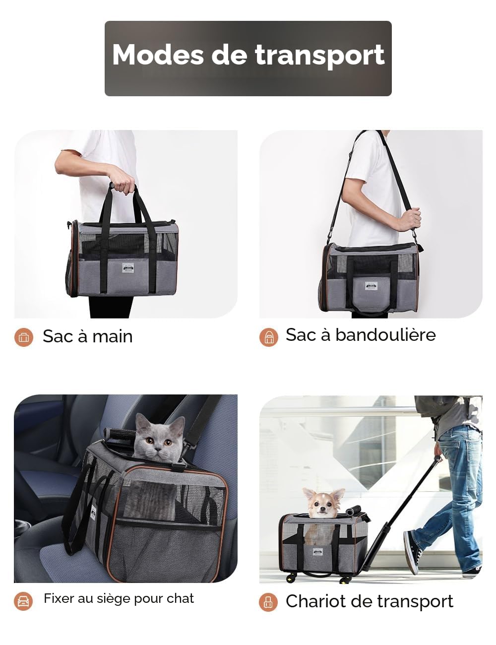 Caisse de transport pour chien et chat avec roulettes - Petit sac de transport pour voiture - Avec poignée télescopique et bandoulière - Gris