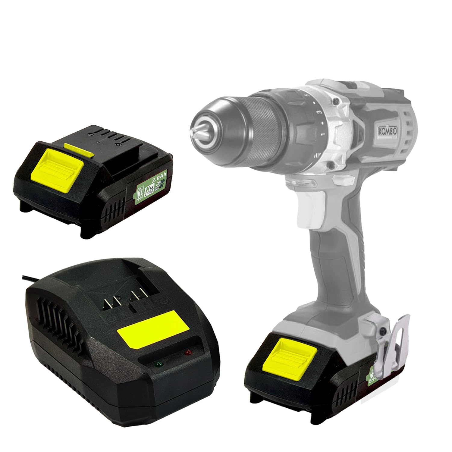 Set Batteria al Litio e Caricabatteria per Elettroutensili, Protezioni Sovraccarico e Sovrascarico - 20V, 2Ah con Indicatore LED, Batteria con Carica in 45 Min