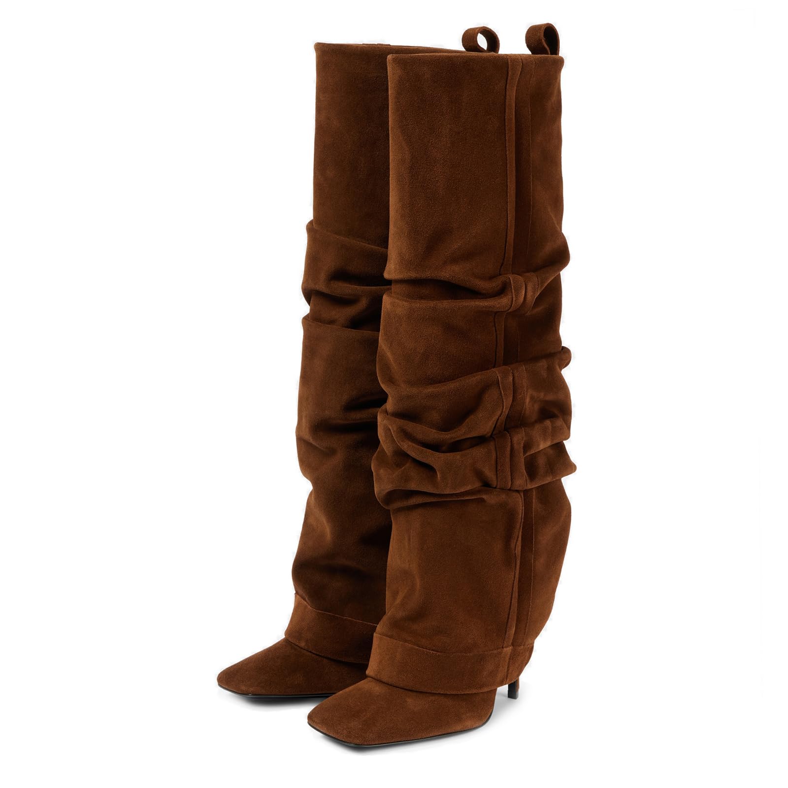 Goolita Fold Over Boots For Women Square Toe Stiletto Heel Slouchy Knee High Boots Leather Comfortable Slip On