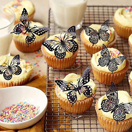 Gyufise 36 Pack Black Laser 3D Butterfly Cupcake Toppers Hollow Butterfly Cake Decorations For Birthday Wedding Fairy Party Butterfly Wall Sticker Decal For Background Wall Decoration #TOP4