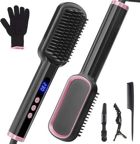 Cepillo alisador de pelo, cepillo alisador de pelo con iónico negativo para mujeres, calentamiento rápido con 8 temperaturas y doble voltaje, con