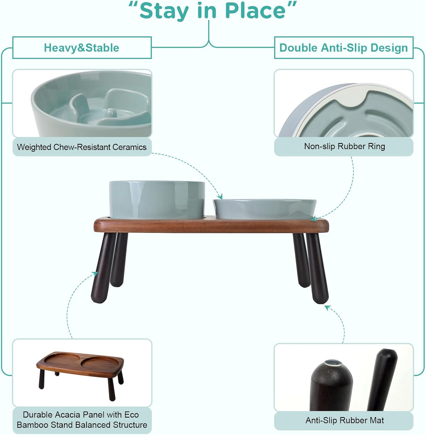 SPUNKYJUNKY Ceramic Elevated Dog Bowls with Slow Feeder Raised with Acacia Bamboo Wooden Stand, 6.1'' Dog and Cat Food Water Bowls Set Non-Slip for Small Medium Sized Breed - Light Green