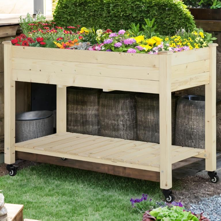 Jardinera de madera de exterior macetero elevado de 2 niveles rectangular con ruedas 118x55x83 2