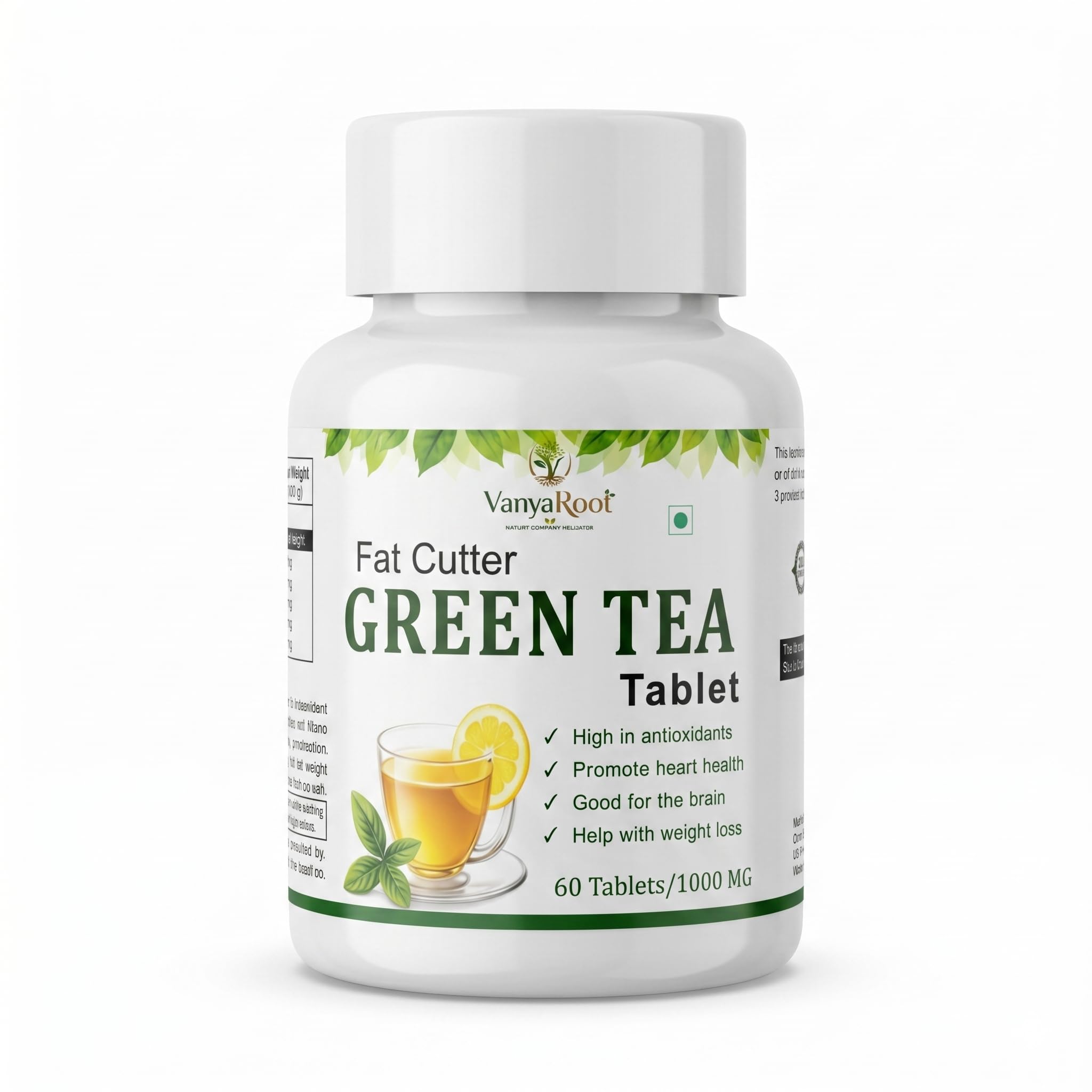 VanyaRoot Fat Cutter Green Tea Wellness Tablet | Herbal Supplement with Green Tea Extract for Daily Wellness, Active Lifestyle & Routine Support 1000 MG, High in Antioxidants, 60 Tablets (1)