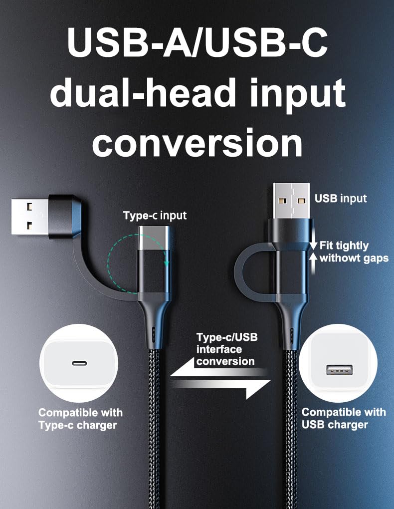 USB-C-Multi-Ladekabel, 1,2 m, 2 Stück, 4-in-2, USB-A + USB-C auf 4 USB-C-Anschlüsse, mehrere USB-Typ-C-Splitterkabel für iPhone 16/15 Pro Max, iPad Air/Pro, Samsung Galaxy, Google Pixel, Android, PS5