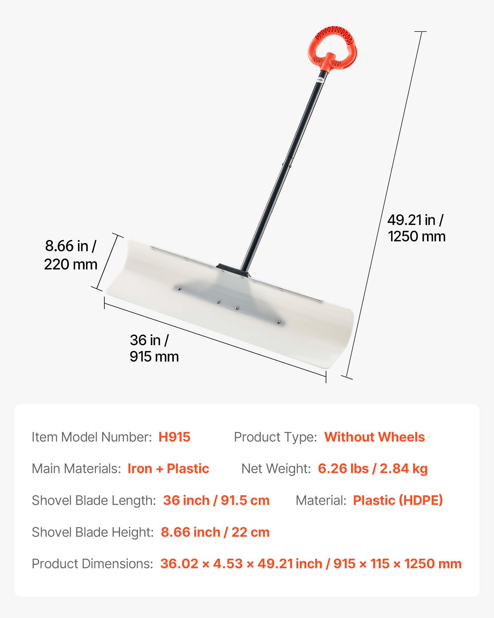 VEVOR Pług do śniegu o szerokości 91 cm, do podjazdu, chodników i drzwi z segmentowym uchwytem, ergonomicznym uchwytem i ostrzem z tworzywa sztucznego HDPE