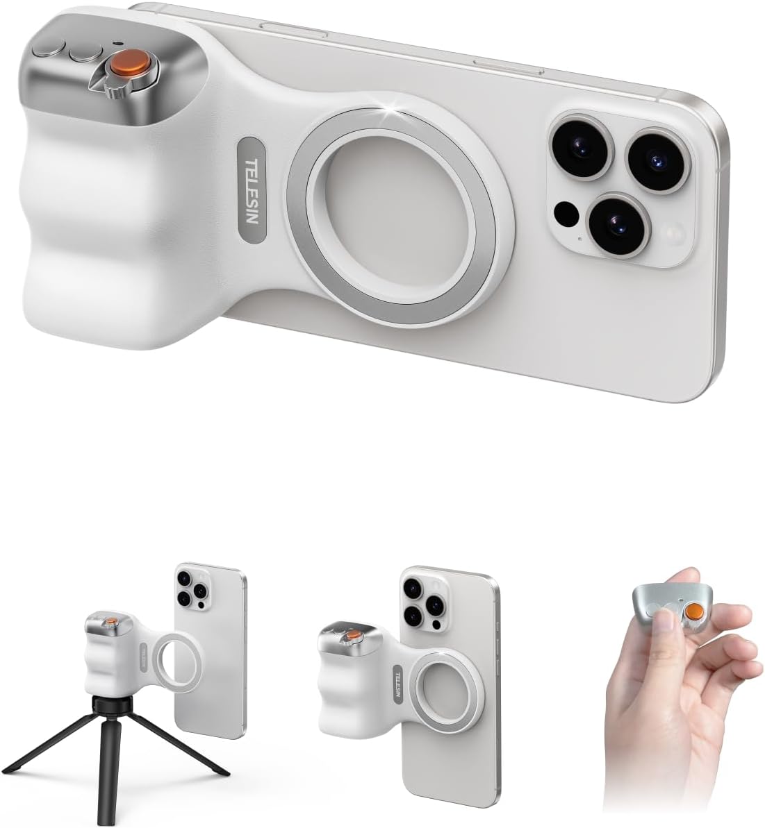 Product image showing the phone grip attached to a phone, with an additional view of the grip mounted on a tripod.