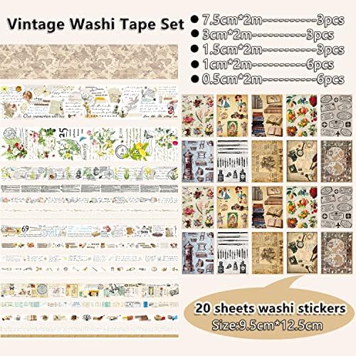 RUIJINSM 18 Rolls Vintage Washi Tape Set +20 Sheets Paper Stickers Floral Map Stamp Letter Antique Retro Old Fashion Decorative Sticker for Planner,Junk Journal, Crafts, Stationary Supplies (Vintage)