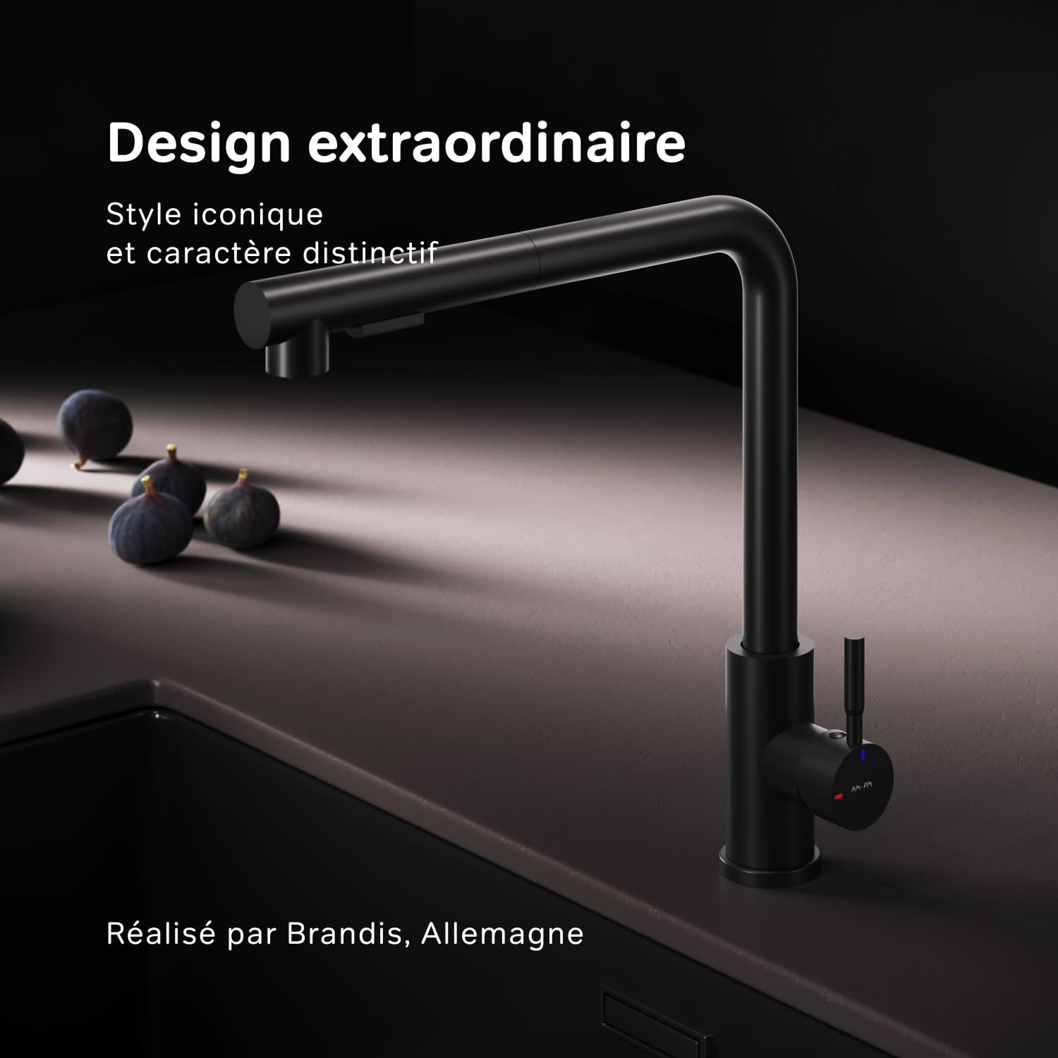AM.PM X-Joy S Mitigeur de cuisine à bec extractible, Robinet de Cuisine Noir, Bec en Forme de L, Mitigeur de Cuisine en Acier Inoxydable