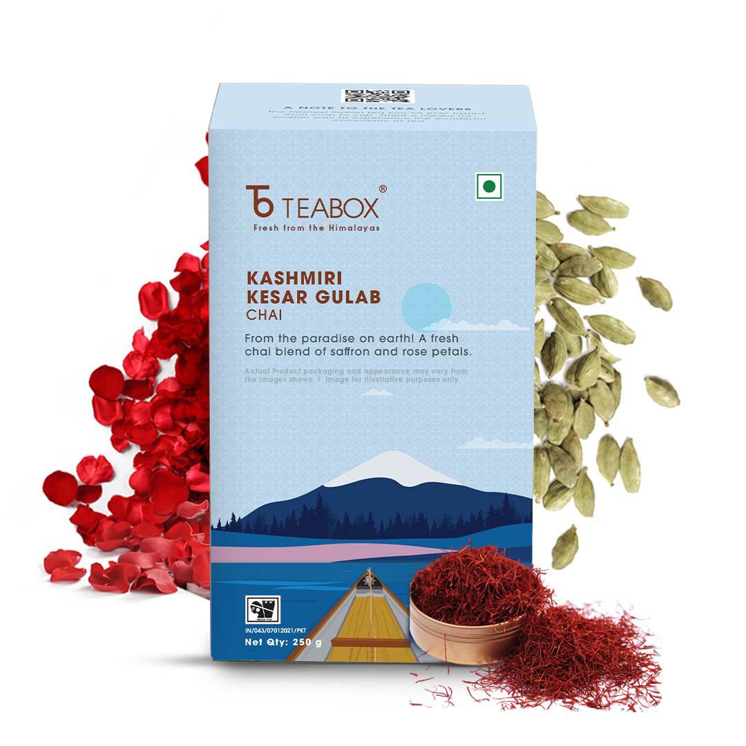 Teabox Kashmiri Kesar Gulab Chai | From The Everlasting Beauty Of The Kashmir Valley | Mixed With The World's Rarest Saffron & Light Scented Roses | 250 Grams-image-1