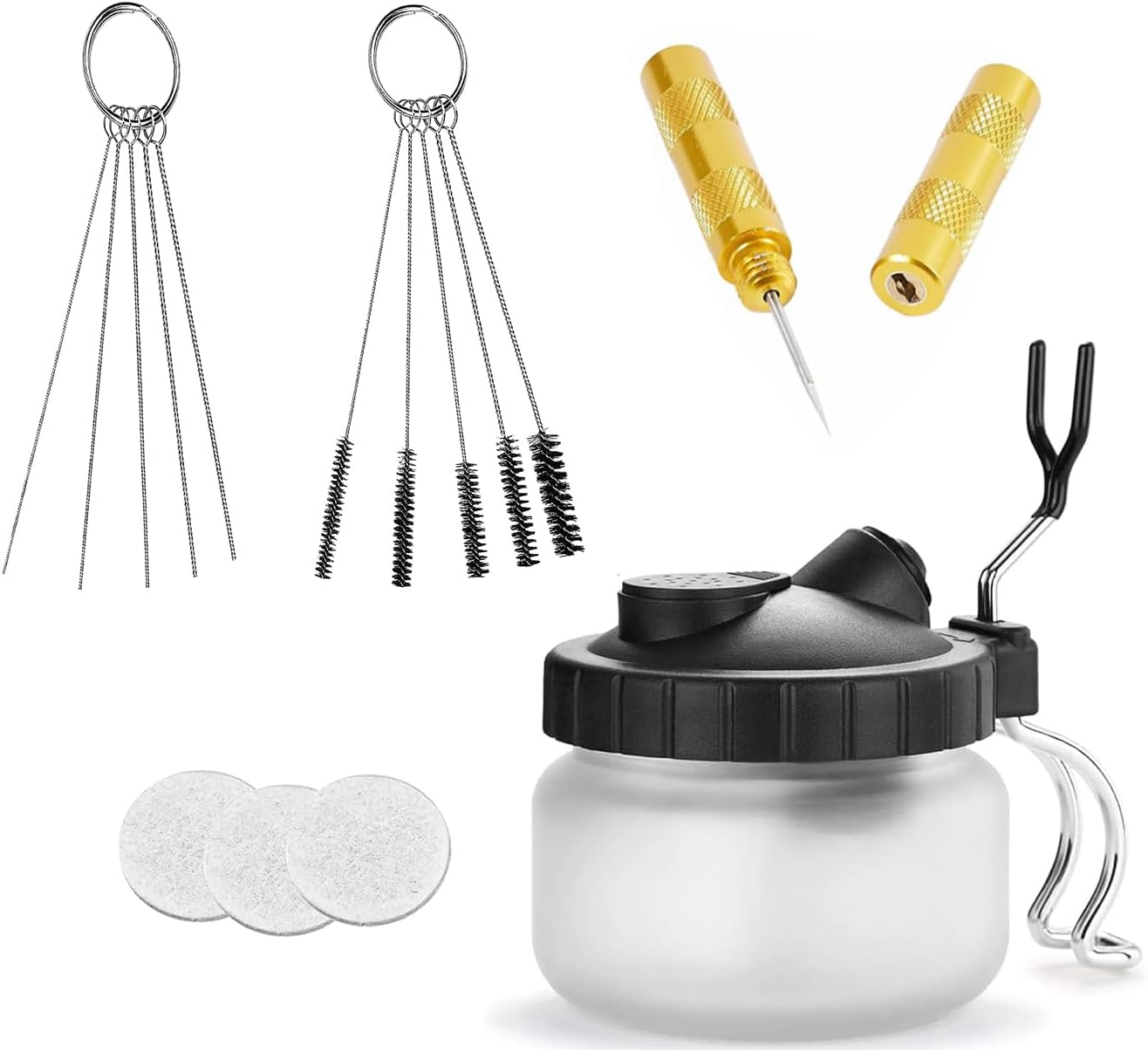 Langlengtec Airbrush Cleaning Kit Wash Jar with 5pcs Nozzle Set, 5pcs Brushes for Home and Office Use, Stainless Steel Duster with air Brush Needle Wrench