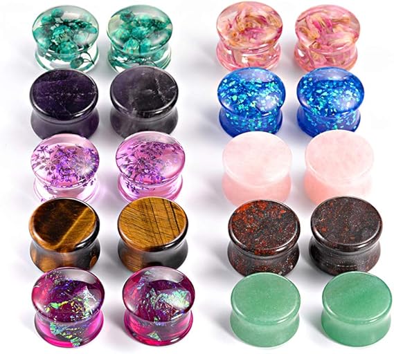 TBOSEN 20 stuks set gemengde stenen oorplugs hout tunnels double flare saddle stretching gauges expander-body piercing set gauge 6 mm - 16 mm, 10 mm, Hout, N / A