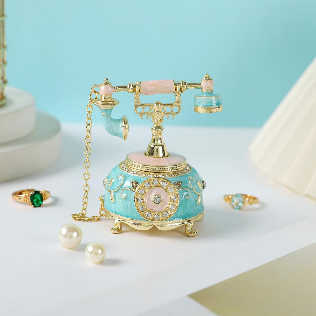 Retro Telephone Shape Trinket Boxes Hinged Hand-Painted Small Jewelry Box Enamel Wedding Favor Unique Gift for Women (Blue)