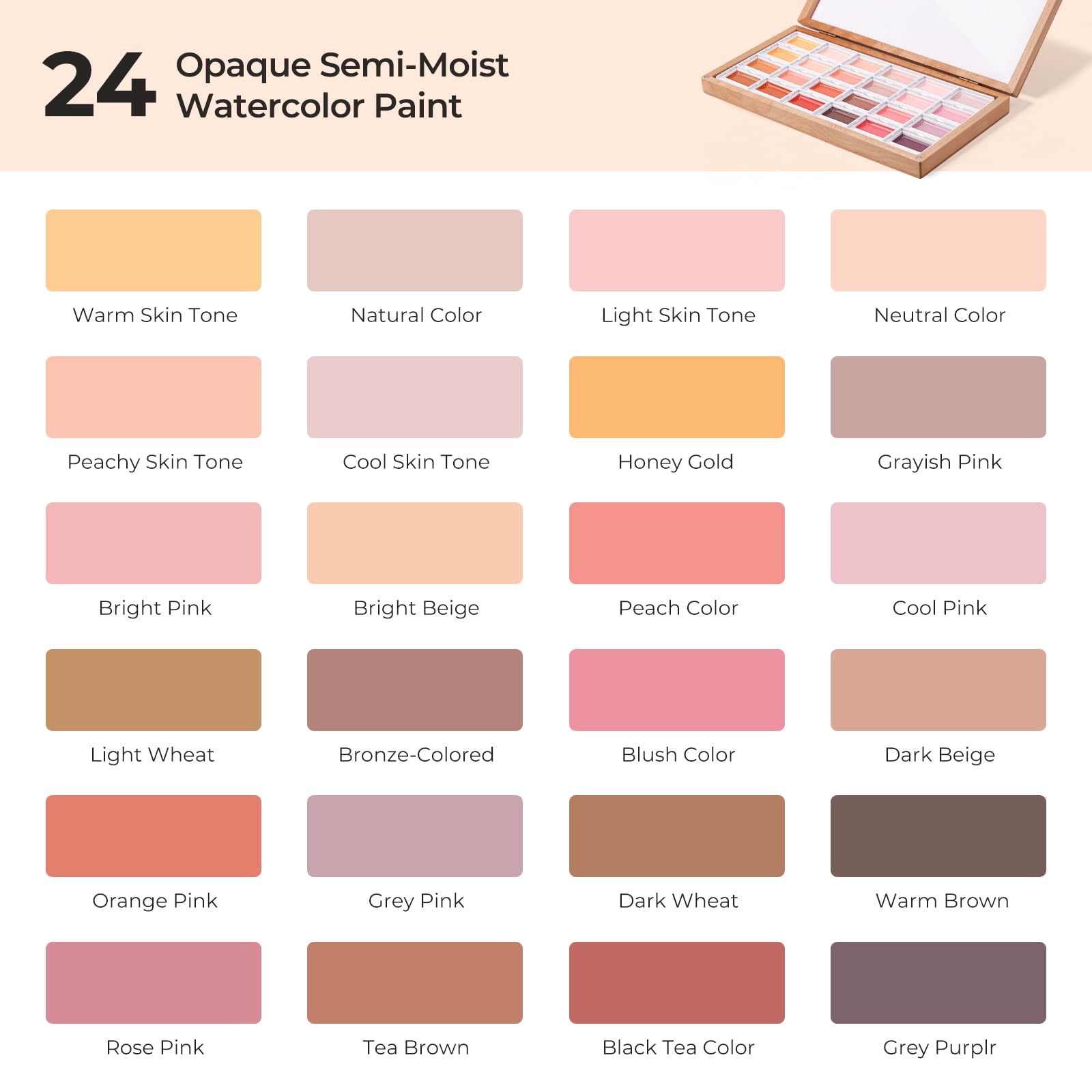 LIGHTWISH 24 Farben halbfeuchtes Aquarellfarben Set in Holzkiste Item Highlights