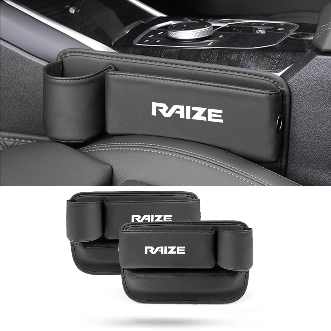 【ライズ専用】シートサイドポケット RAIZE 専用 車内 隙間 収納 ケース ライズ A200A A210A G Z 車 サイド収納ボックス 大容量 ドリンクホルダー付き 小物入れ 落下防止 カー用品 カーアクセサリー PUレザー 直径7cm以内ボトルを入れ 運転席と助手席セット2個入り (ライズ専用+ブラック)