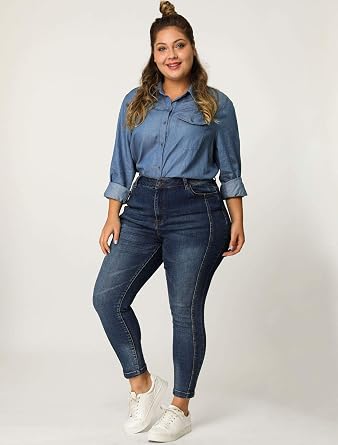 Agnes Orinda Plus Size Chambray Shirt for Women Long Sleeve Button Down Collared Top with Pocket Casual Work Blouse