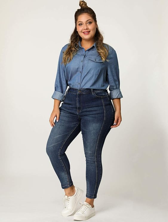Agnes Orinda Plus Size Chambray Shirt for Women Long Sleeve Button Down Collared Top with Pocket Casual Work Blouse