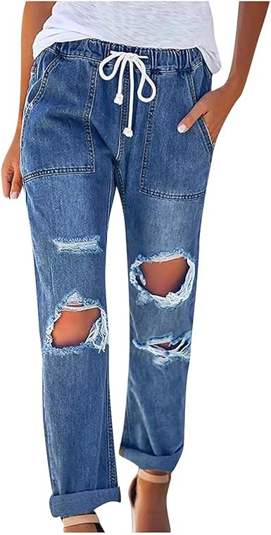 Amazon.com: Pantalones de mezclilla para mujer, cintura media, con  bolsillo, elástico, con cordón al tobillo, rectos, de ajuste clásico,  holgados, rasgados a la rodilla : Ropa, Zapatos y Joyería