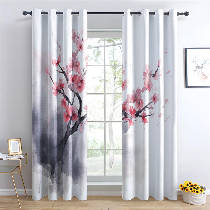 Rideau Occultant Fleur de Cerisier, Rideau Isolant Thermique pour Salon Chambre, Rideaux Motif Fleur Rose Japonais, Rideau Opaque à Oeillets, Lot de 2 Rideaux et Draperies Intérieurs 140x220 cm (LxH)