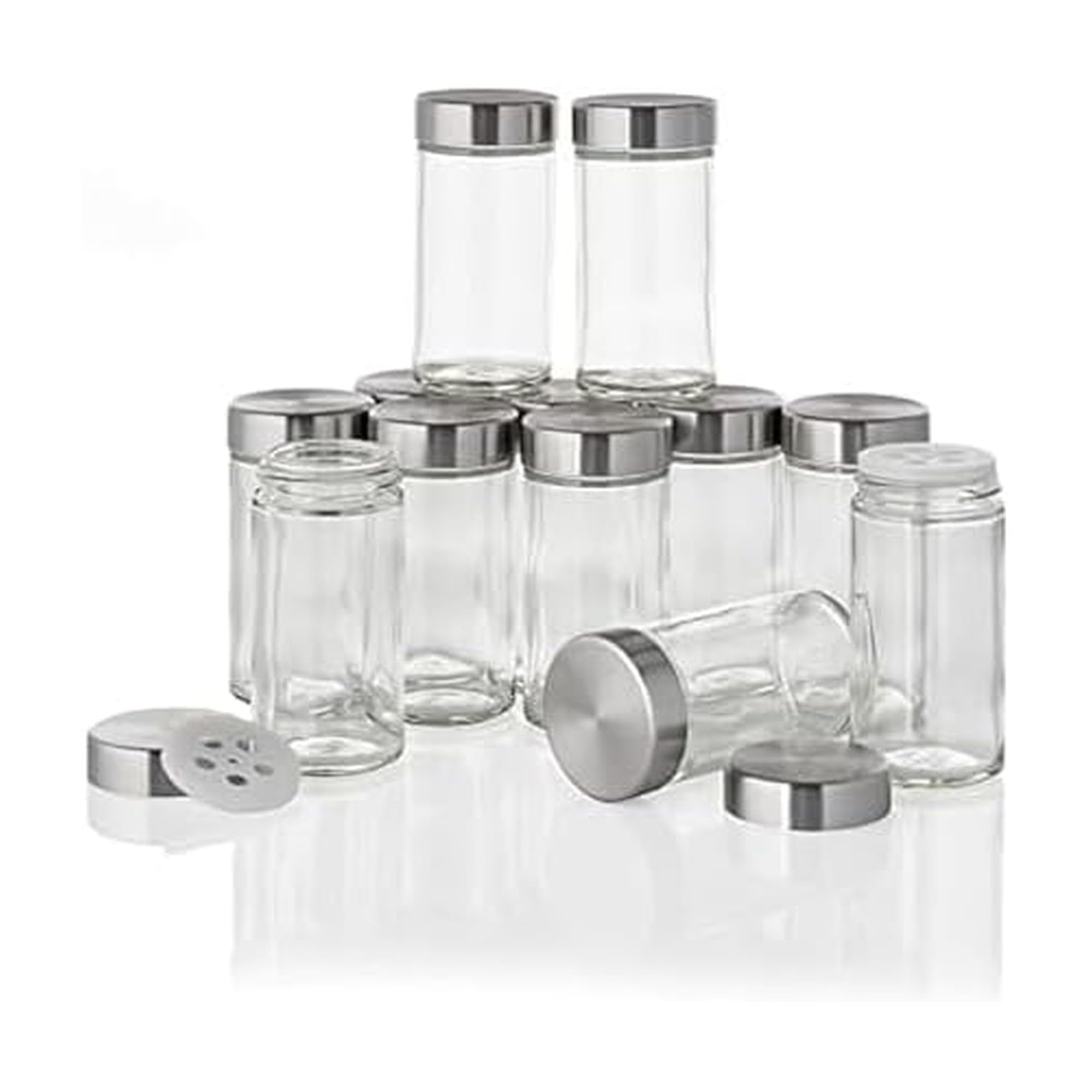 Kamenstein Clear Reusable 3 Oz Jars With Stainless Steel Shaker Lids, And Twist-On Caps For Airtight Seals 12 Pk