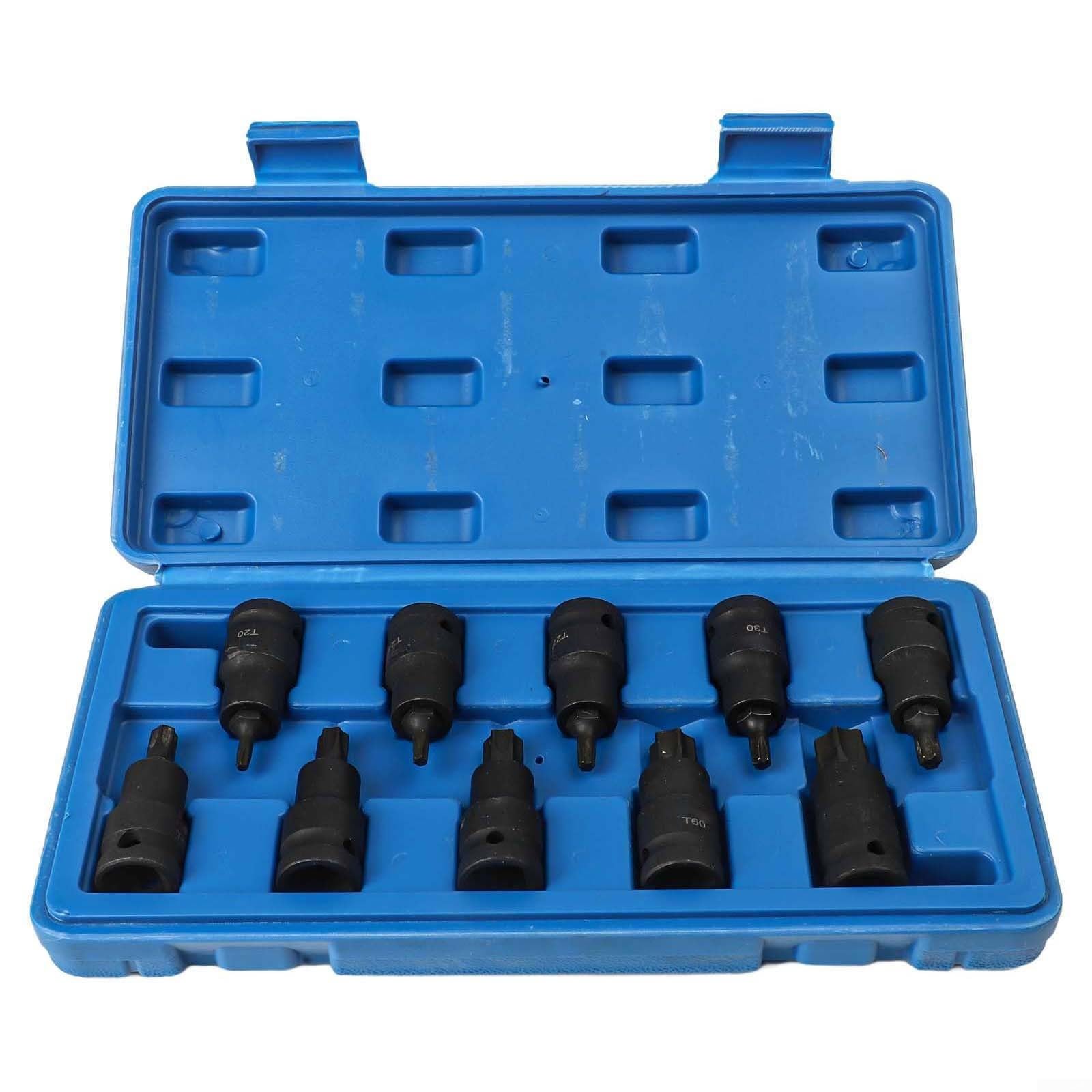 Vanadio T20t70 - Set di chiavi e chiavi a bussola in acciaio per attacco compatibile da 1/2" con adattatore Torx cromato, 10 pezzi