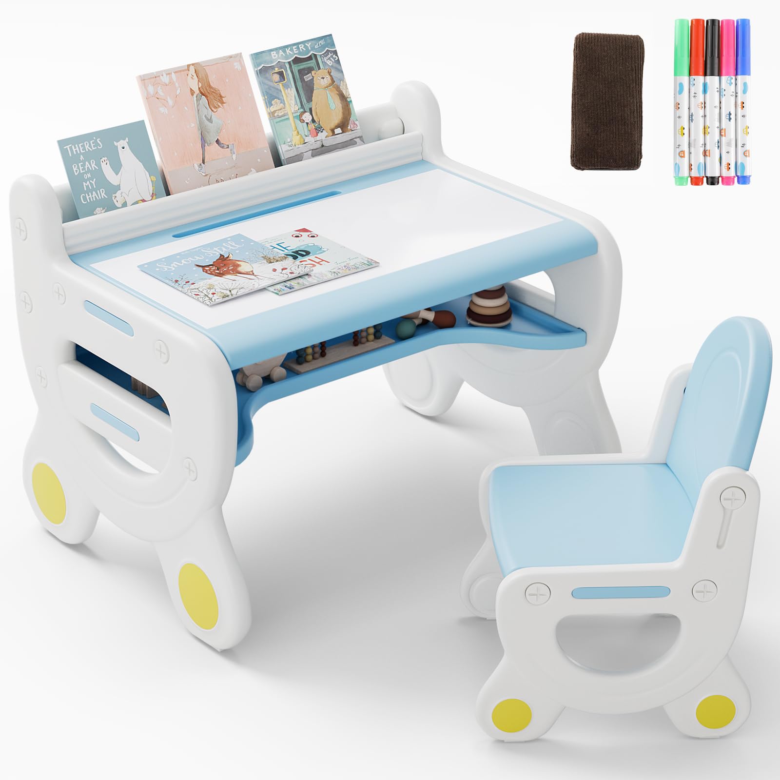 Juego de Mesa y Sillas para Niños,Juego Mesa y Silla Dibujo para Niños,Set Escritorio y Silla para Niños,Set Escritorio Multifuncional para Niños con Espacio Almacenamiento,para Jueguen,Lean,Azul