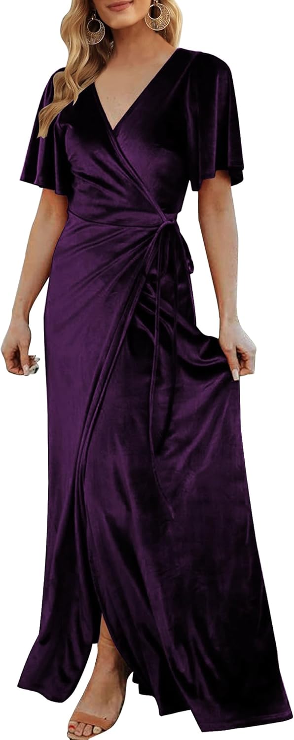 CYiNu Women's Wrap Velvet Maxi Dress V Neck Bell Sleeve Split Elegant Cocktail Party Dress