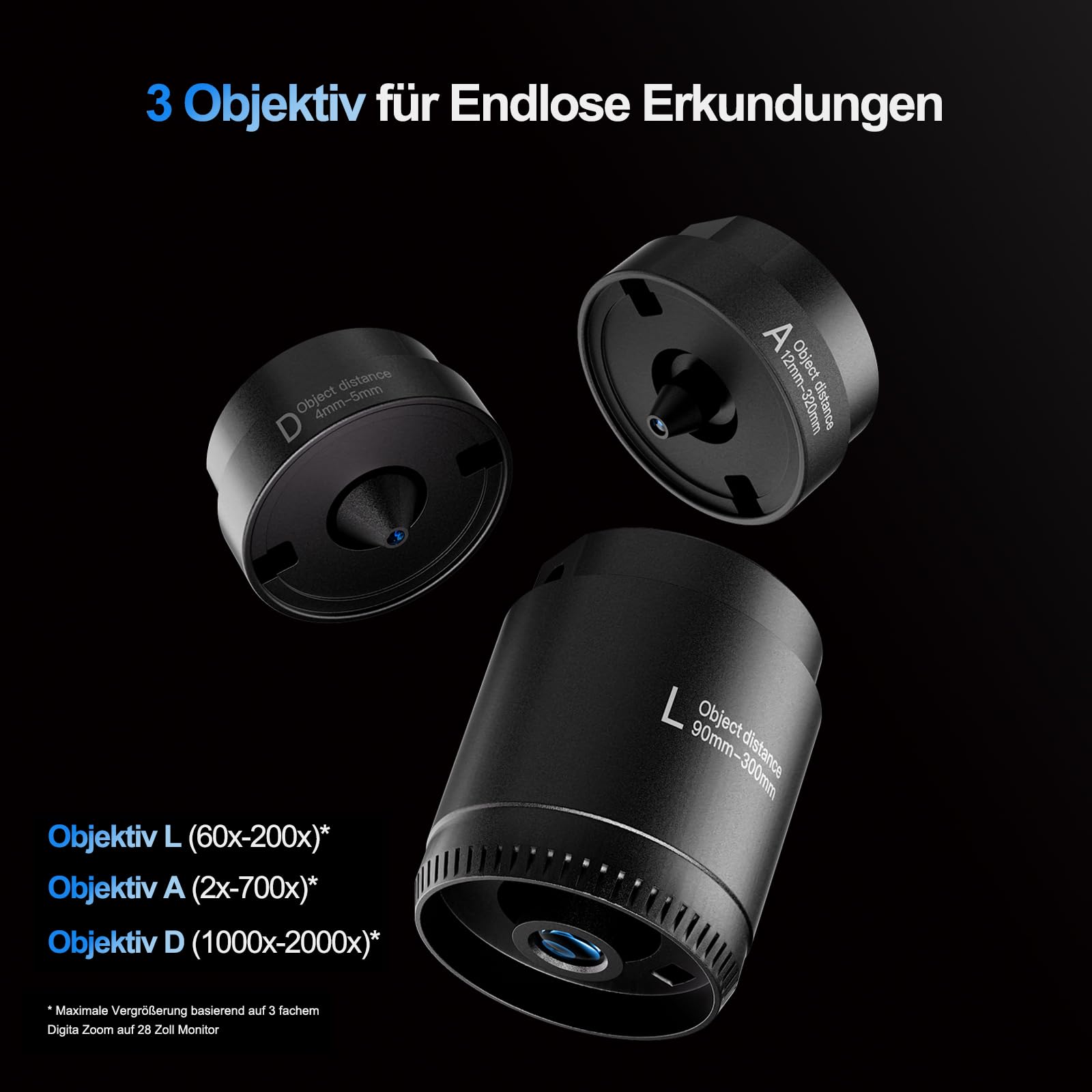 TOMLOV DM602 Pro 10,1 Zoll 3 Objektiv Digitales Mikroskop, 2K 24MP HDMI Lötmikroskop/Biologisches Microscope mit 144 Einstellbaren LED-Ring-Licht, 64GB Karte, 10" Stabiler Ständer, TV/PC Kompatibel