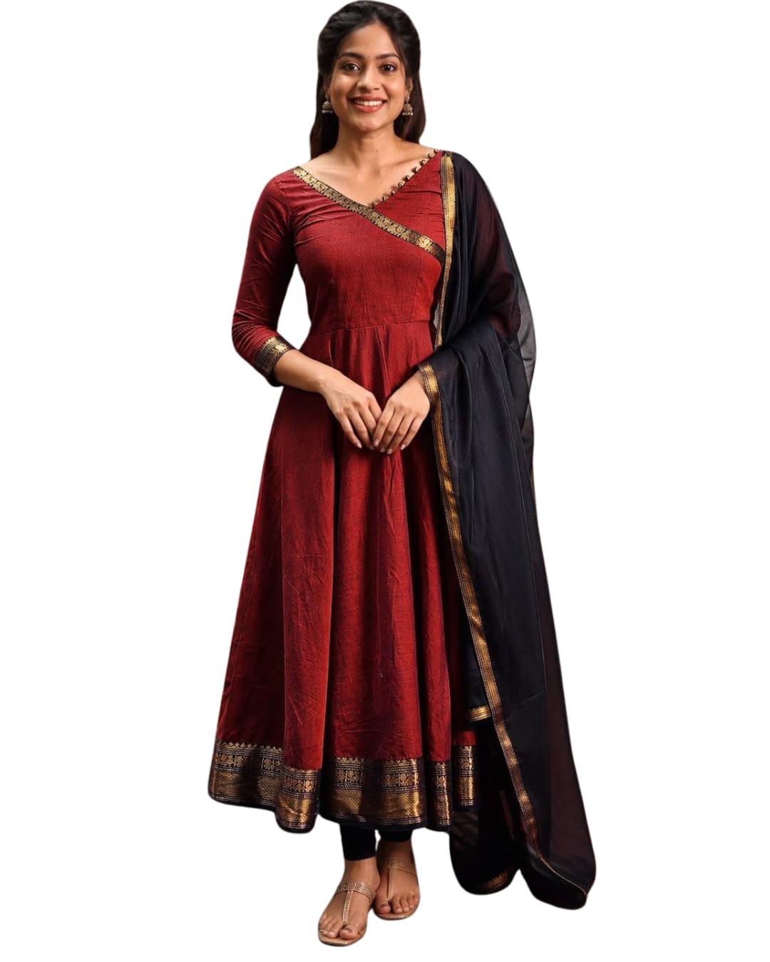 MAA KRUPA Women's Silk Blend Gown with Dupatta Set | 3/4 Sleeve V-Neck Flared Ethnic Gown | Elegant Festive, Wedding Outfit for Women-picture-29