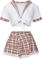 Vista 11 de Borniu Lencería para mujer, juego de rol, lencería sexy para estudiantes, disfraz de estudiante transparente con lazo frontal y falda a cuadros