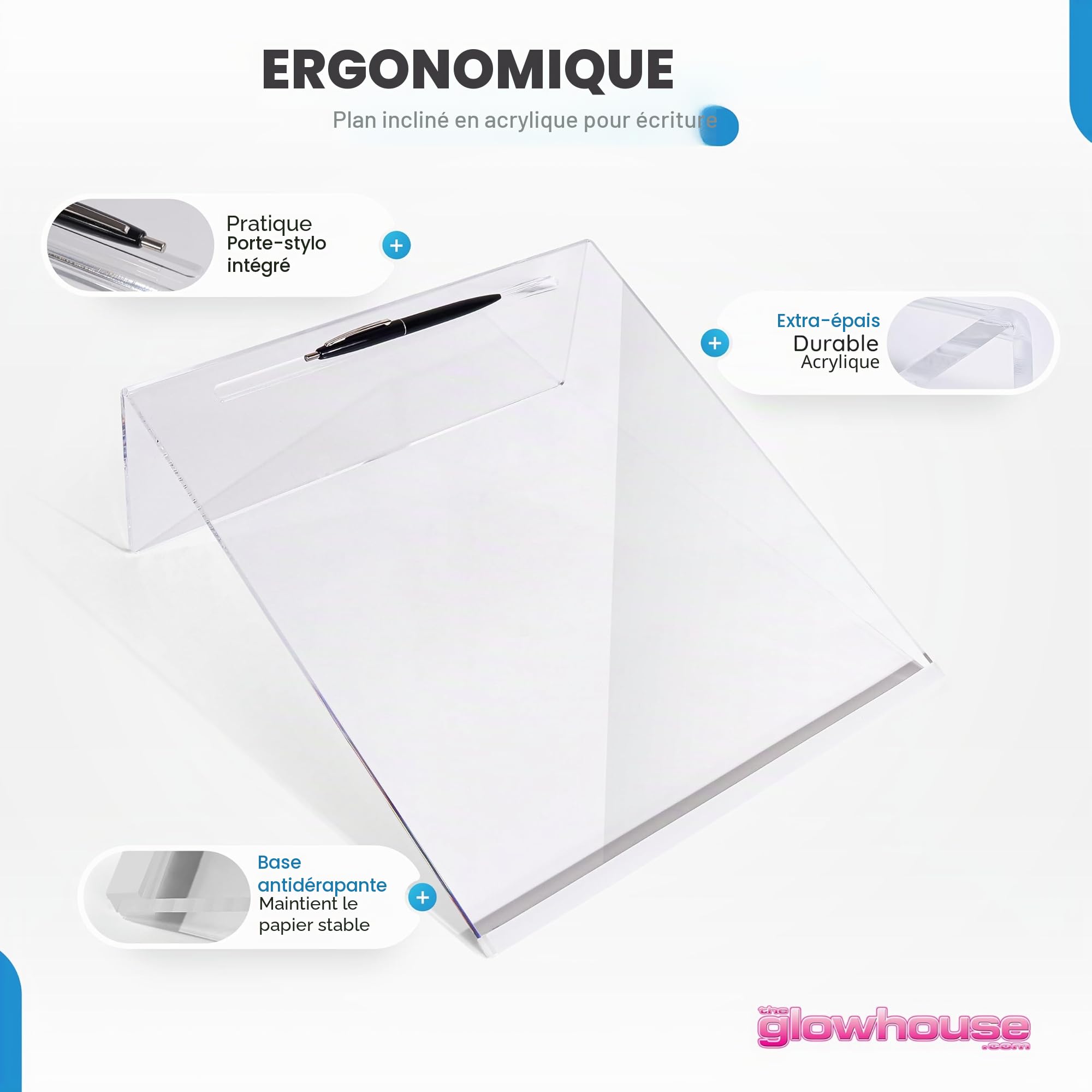 Support d'écriture incliné en acrylique transparent de qualité supérieure, ergonomique, antidérapant, extra large, angle de 20 degrés, améliore la posture d'écriture, avec porte-stylo