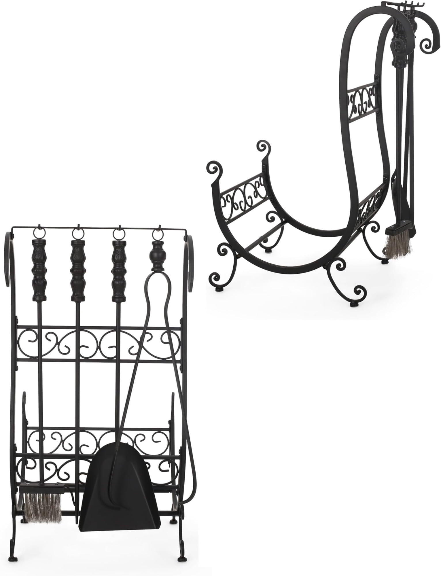 Juego de leñero de Hierro Fundido y Herramientas for Chimenea: Soporte for leña con Asas for Chimenea de Interior y Exterior, Soporte for Rejilla